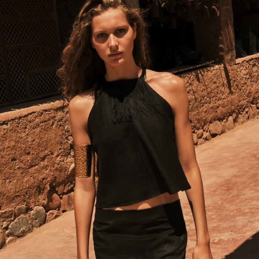 NWT BLACK FRINGE 100% LINEN HALTER OPEN BACK TOP